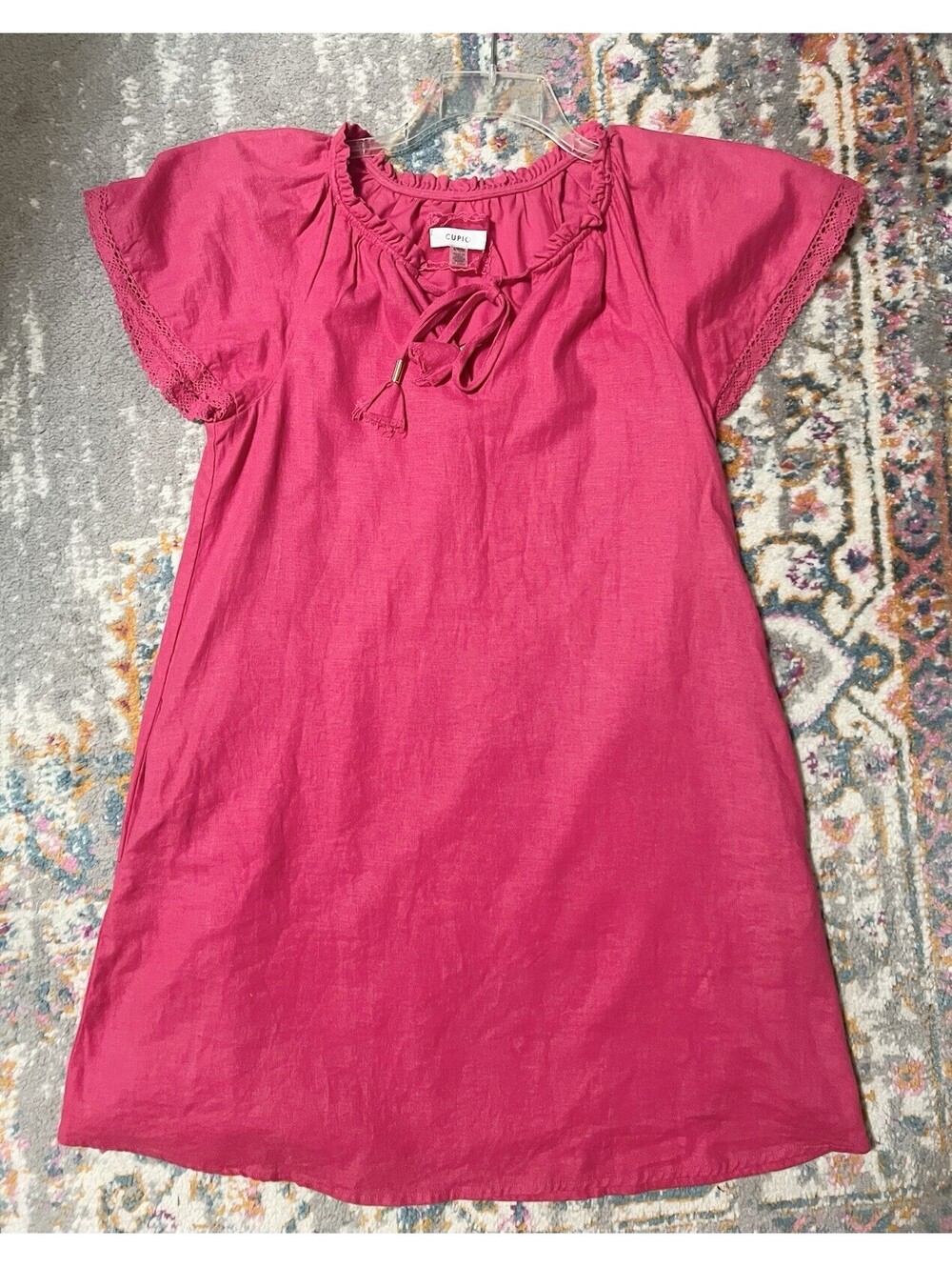 CUPIO Pink Shift Dress Small Tassel Tie Neck Lined Pockets Boho